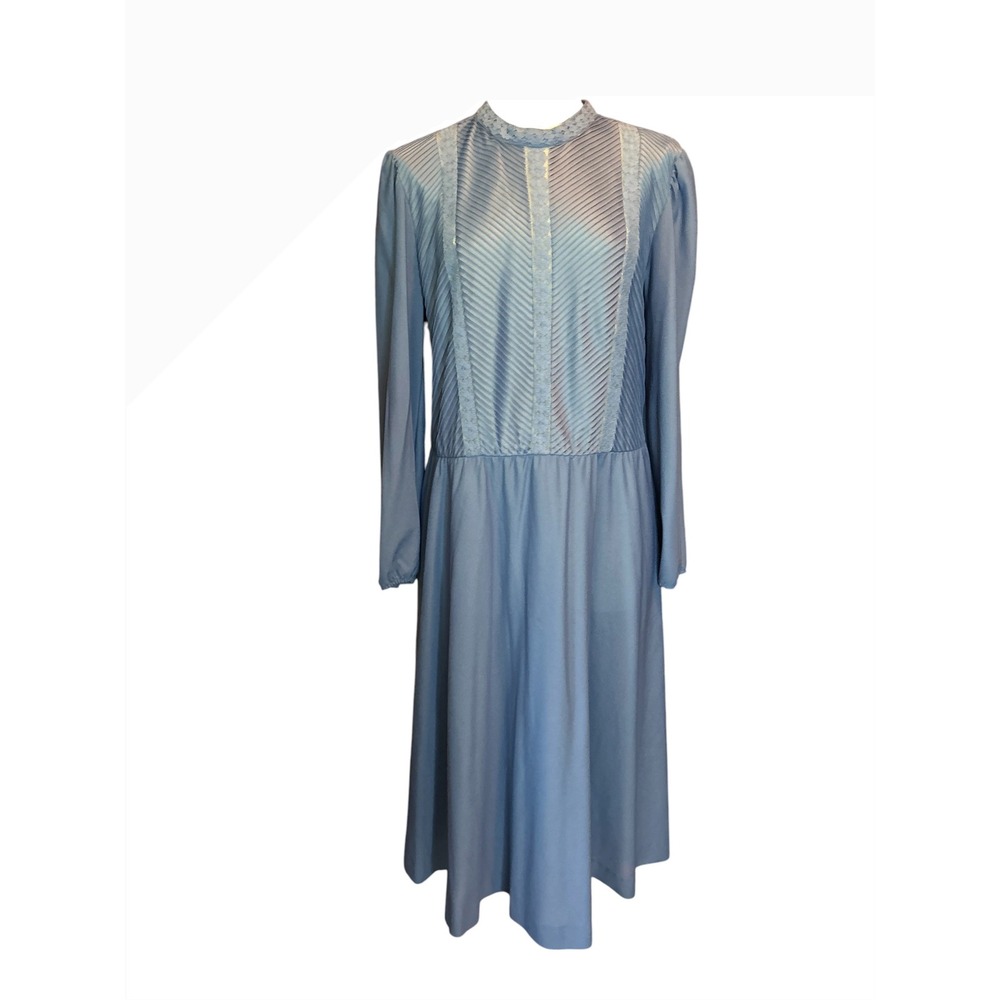Vintage Blue Long Sleeve Pleated Lace Trim Midi Dress Mock Neck Modest USA Sz 18